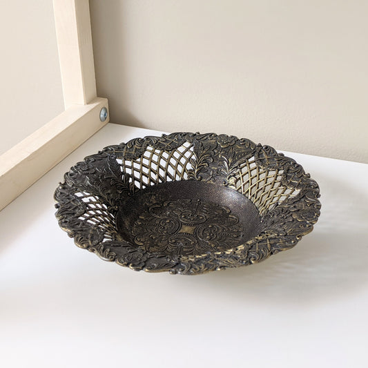 Vintage Gold Toned Metal Filigree Lattice Round Bowl | Trinket Dish | Catchall | Made in Italy C.T.1