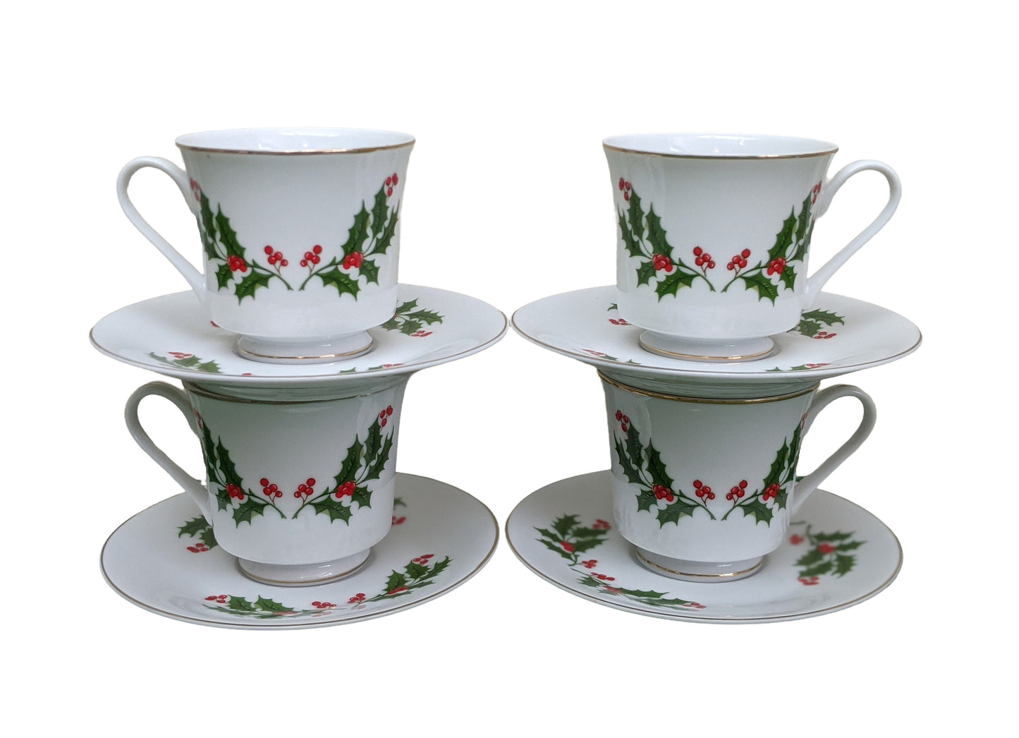 Set of four (4) Vintage Mistletoe White Fine China Christmas Cups and Saucers | Made in Japan