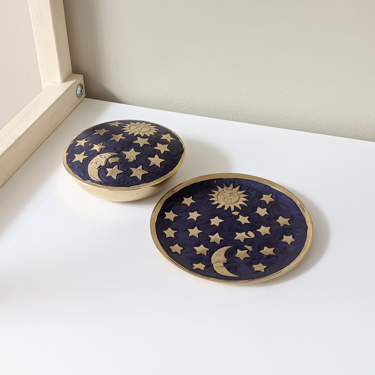 Vintage Celestial Sun and Moon Brass Jewelry Box and Plate Set | Delgif Made in India