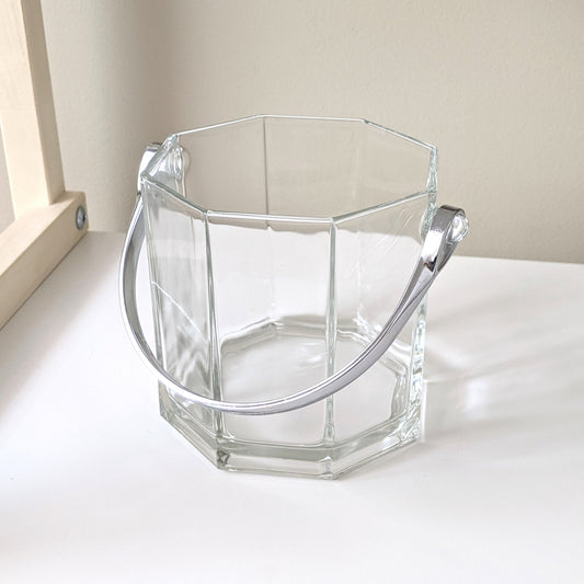 Vintage Octime Clear Ice Bucket by Cristal D'Arques-Durand | Clear Glass | Silver Toned Handle | Octagonal Shape | France | 80's Kitchenware