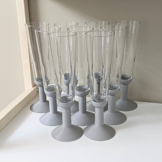 Set of nine (9) Vintage Bodum Oktett Gray Champagne Glasses | Gray Plastic Stems & Clear Glass Flutes | Memphis Style