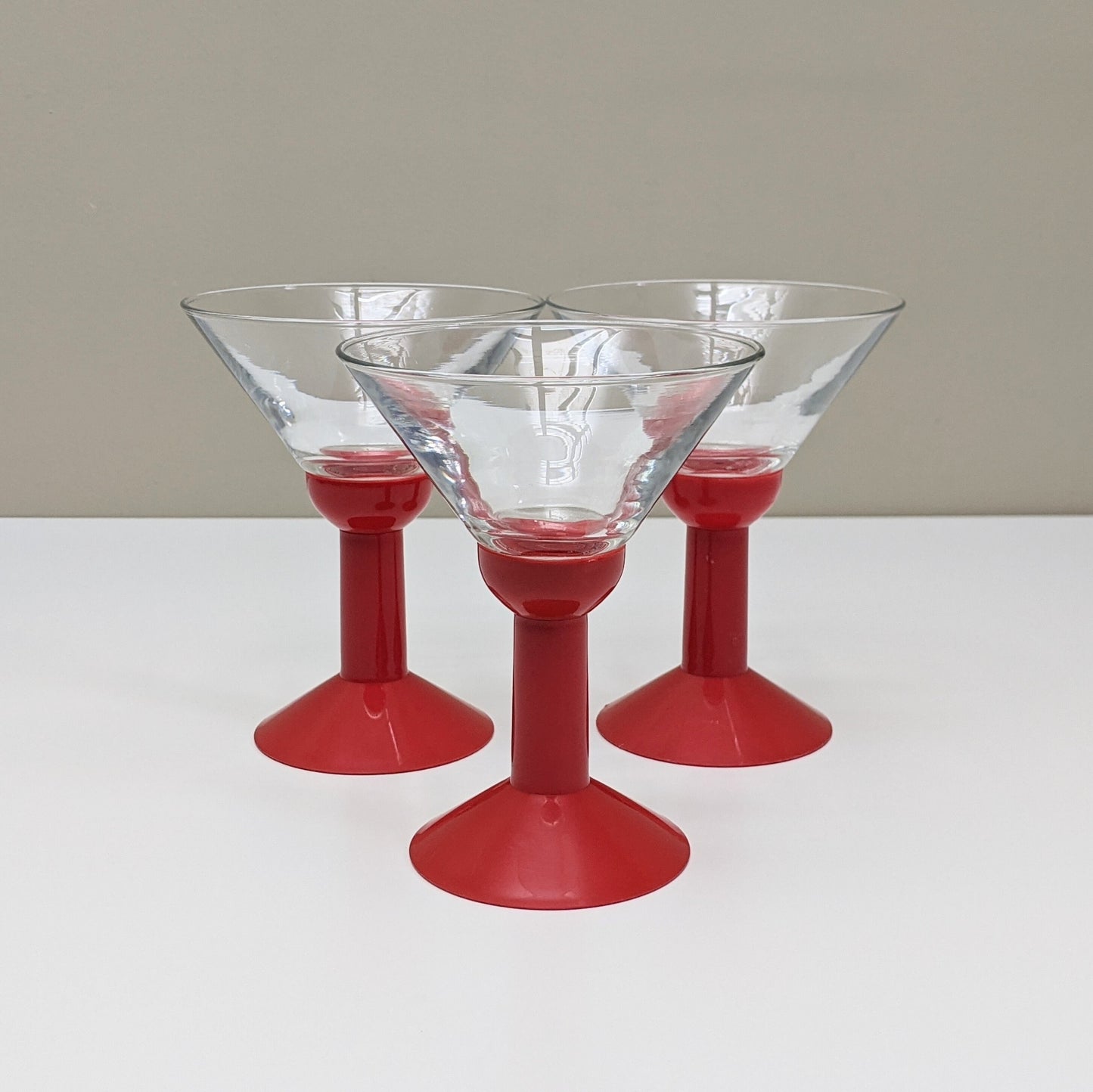 Set of three (3) Vintage Bodum Oktett Red Martini Glasses | Red Plastic Stems & Clear Glass | Memphis Style