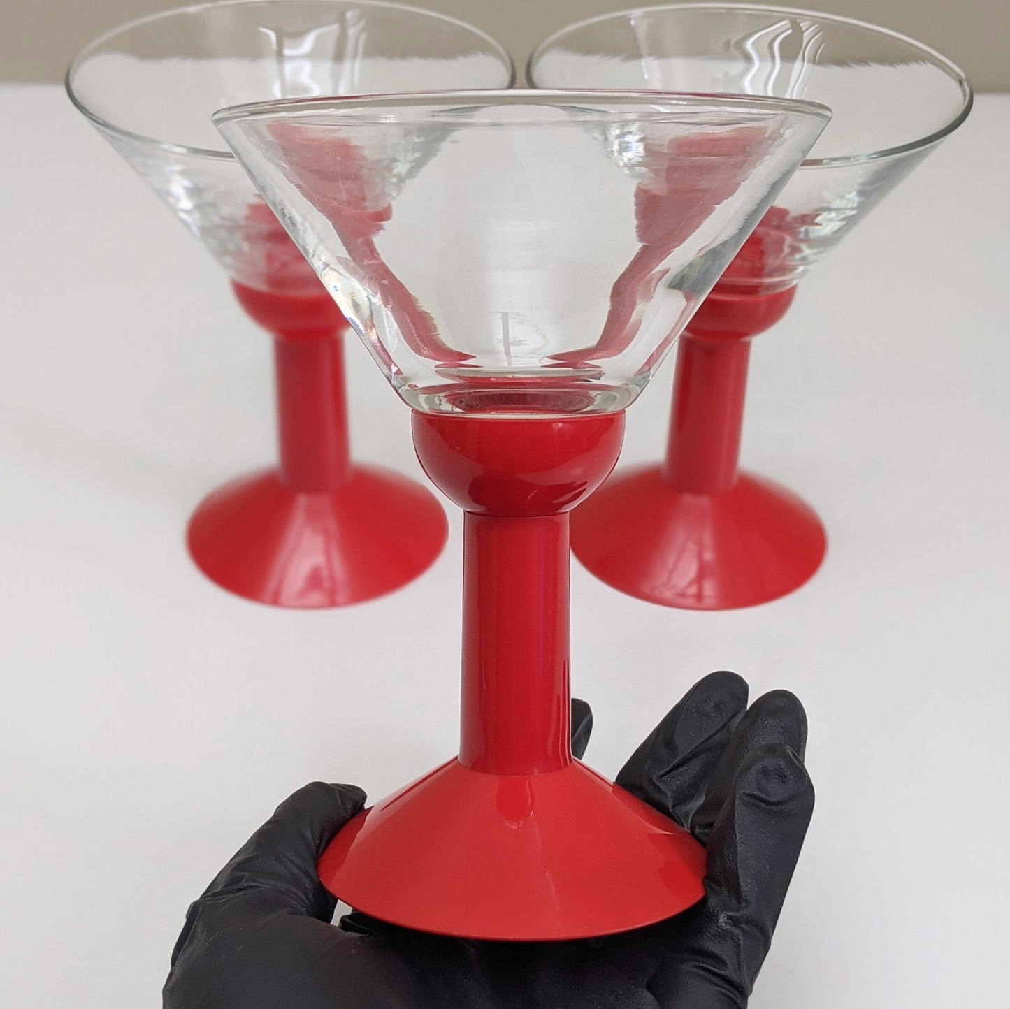 Set of three (3) Vintage Bodum Oktett Red Martini Glasses | Red Plastic Stems & Clear Glass | Memphis Style