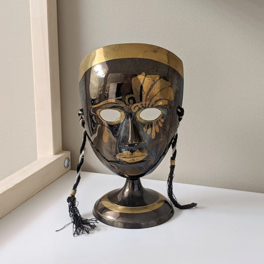 Vintage Metal Theater Pierrot Mask on Stand | Made in India