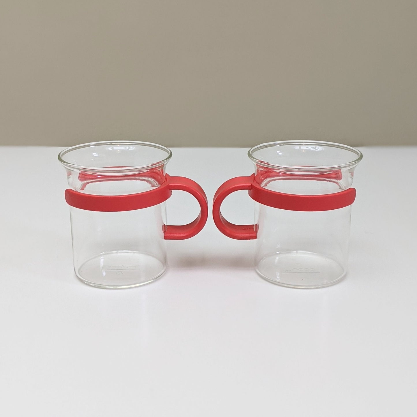 Set of two (2) Vintage Red French Press Bistro Coffee Mugs by Bodum | Clear Glass and Red Plastic Coffee Mugs | Round Handles