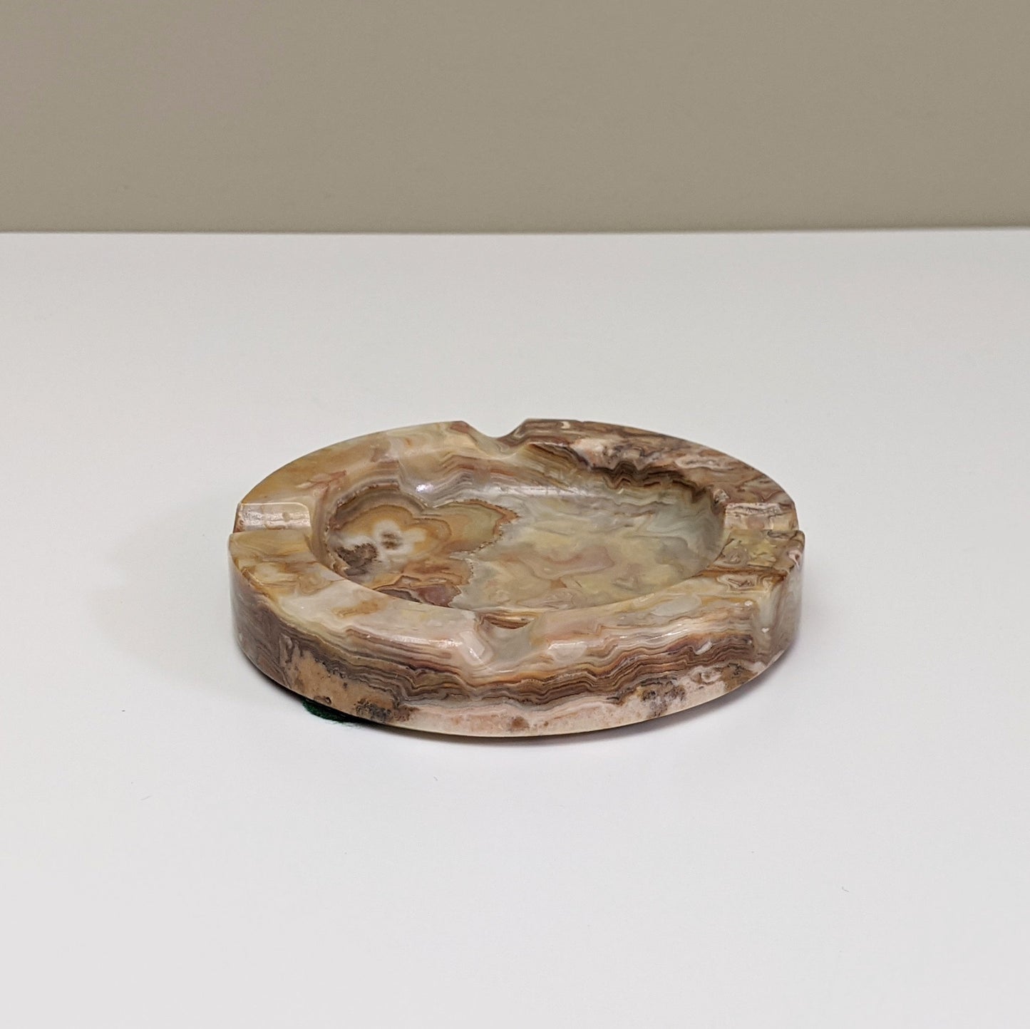 Vintage Round Beige and Brown Onyx / Marble Style Stone Ashtray | Trinket Dish | Jewelry Dish | Catchall