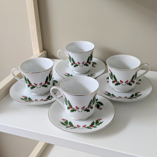 Set of four (4) Vintage Mistletoe White Fine China Christmas Cups and Saucers | Made in Japan