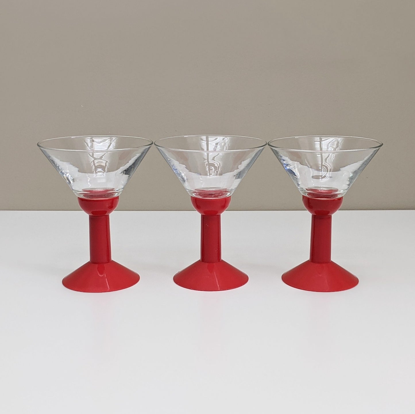 Set of three (3) Vintage Bodum Oktett Red Martini Glasses | Red Plastic Stems & Clear Glass | Memphis Style