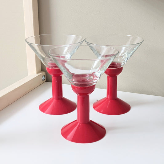 Set of three (3) Vintage Bodum Oktett Red Martini Glasses | Red Plastic Stems & Clear Glass | Memphis Style