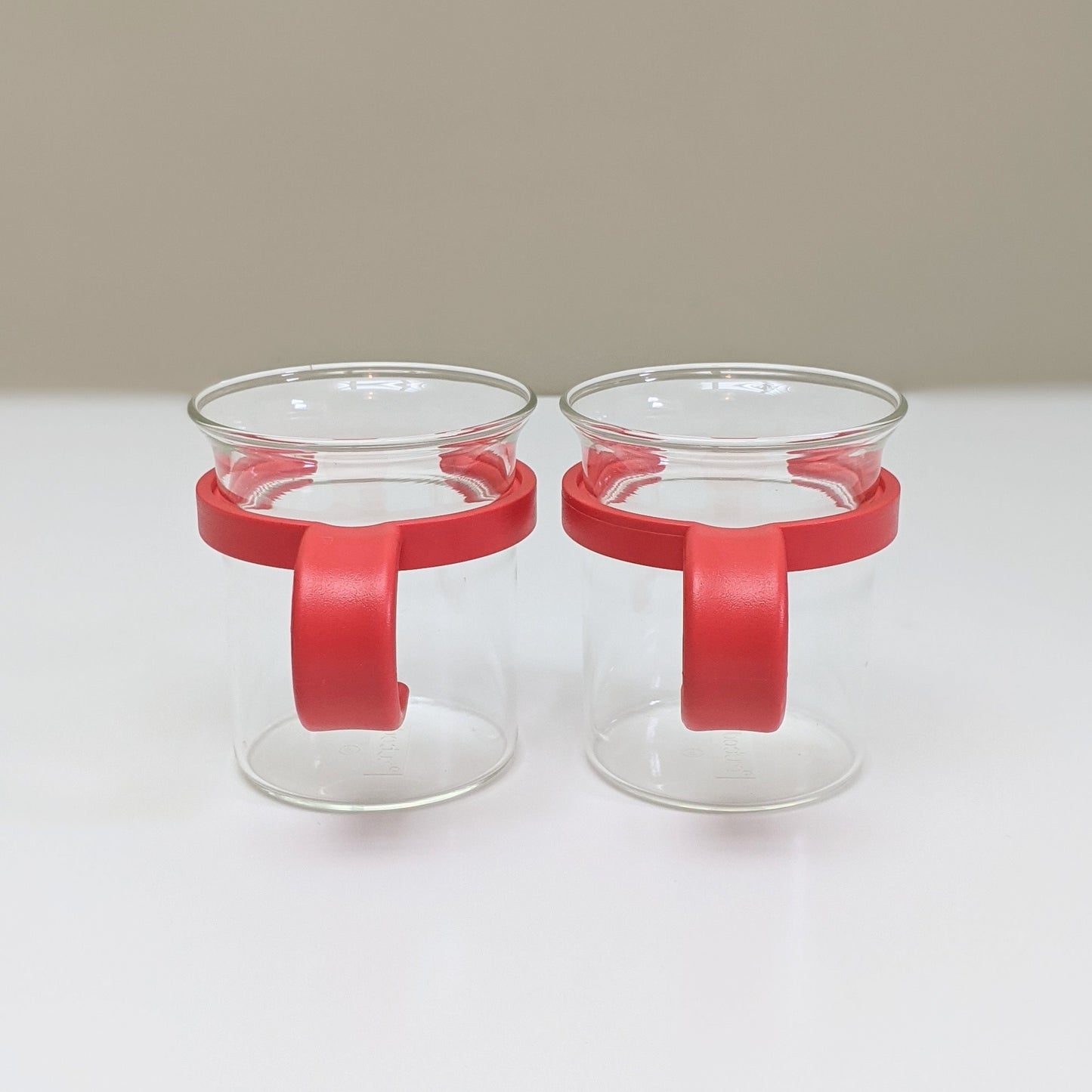 Set of two (2) Vintage Red French Press Bistro Coffee Mugs by Bodum | Clear Glass and Red Plastic Coffee Mugs | Round Handles