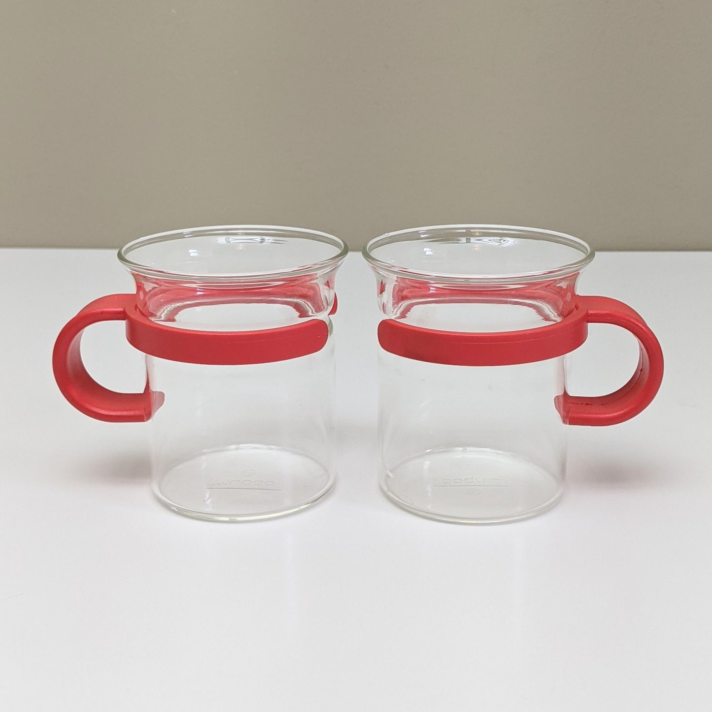 Set of two (2) Vintage Red French Press Bistro Coffee Mugs by Bodum | Clear Glass and Red Plastic Coffee Mugs | Round Handles