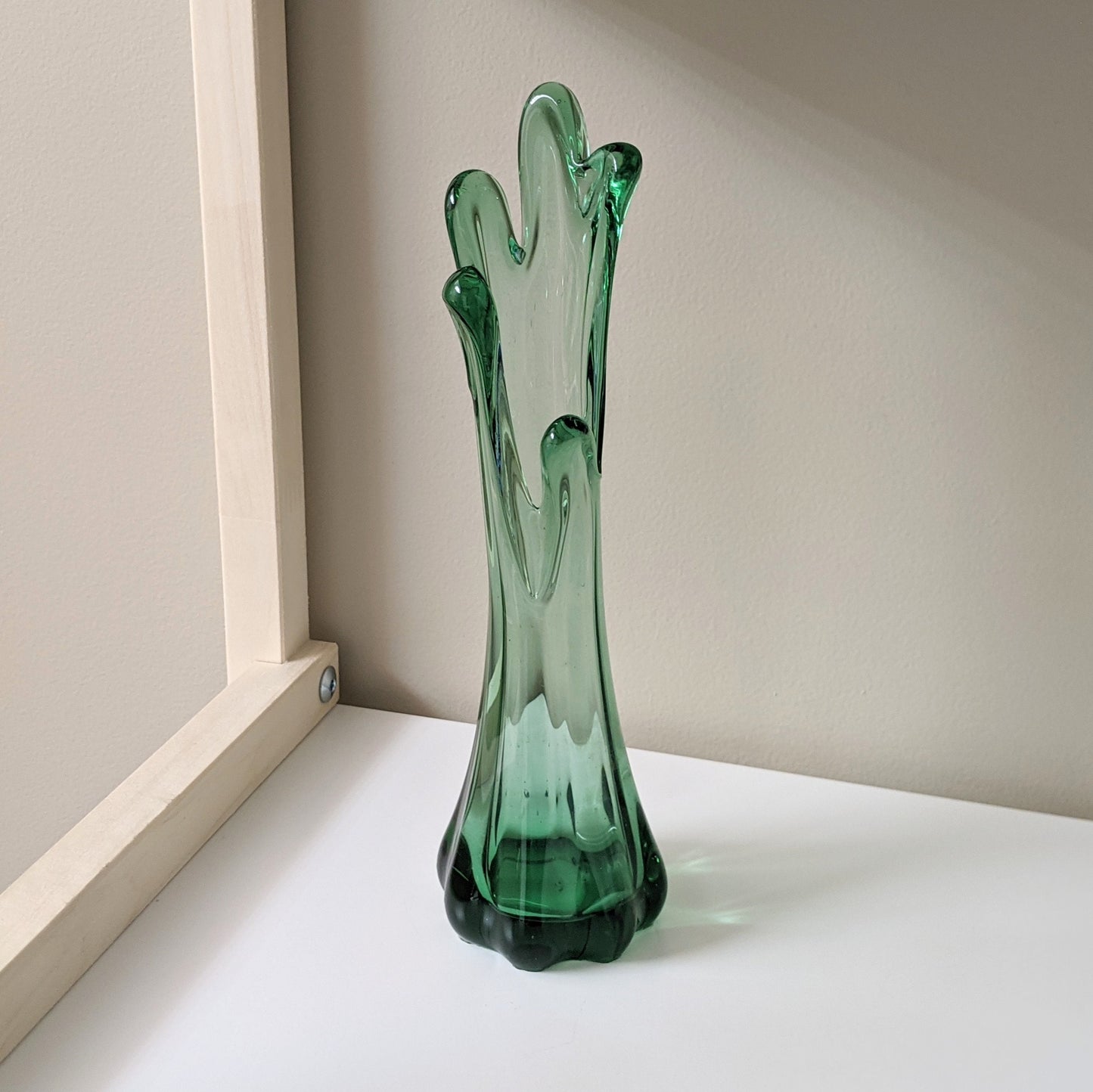 Vintage Small Hand Blown Green Glass Swung Vase