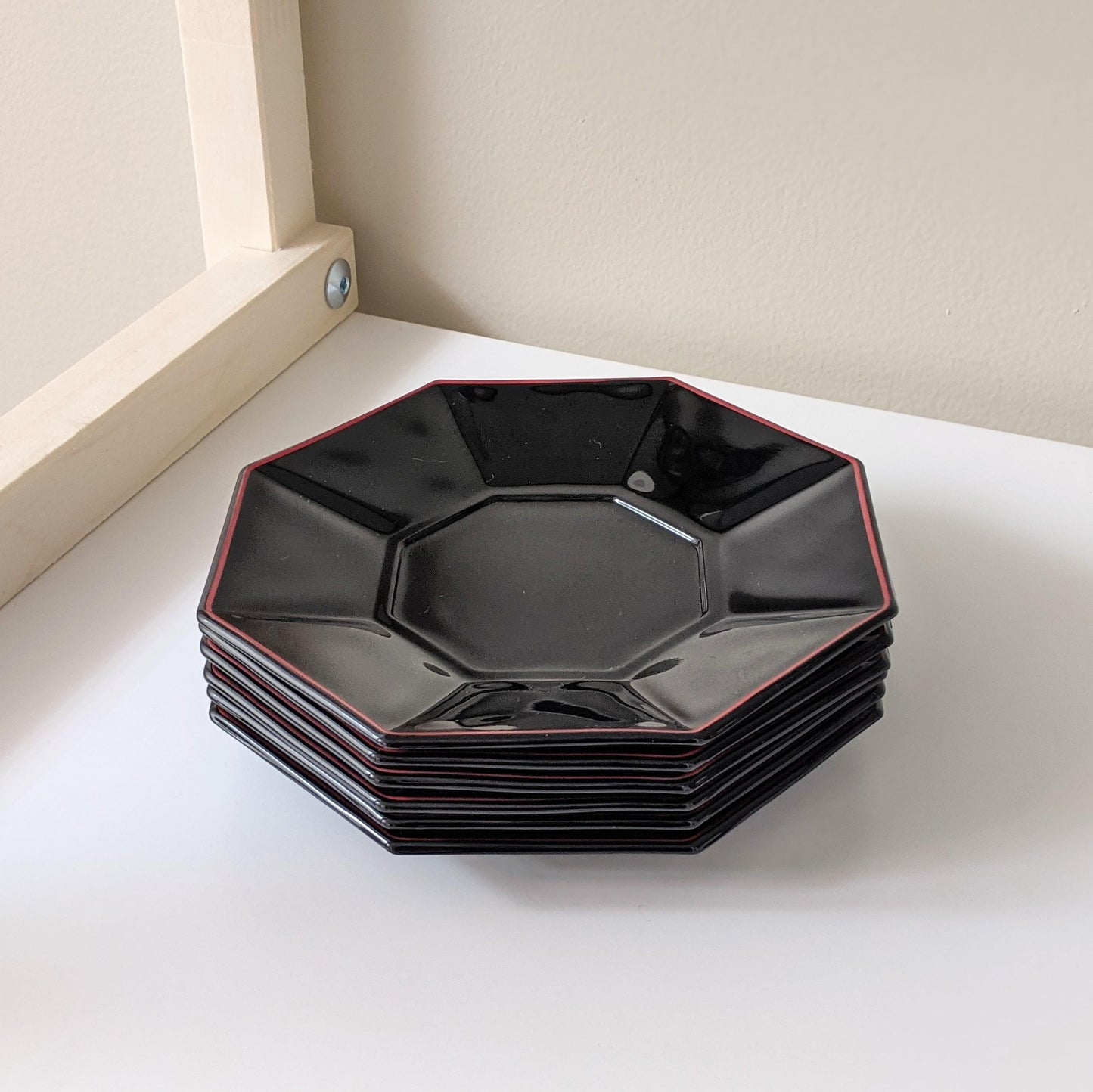 Set of six (6) Vintage Shanghai Octagonal Saucers by Arcoroc | Black Glass Red Trim | Made in France