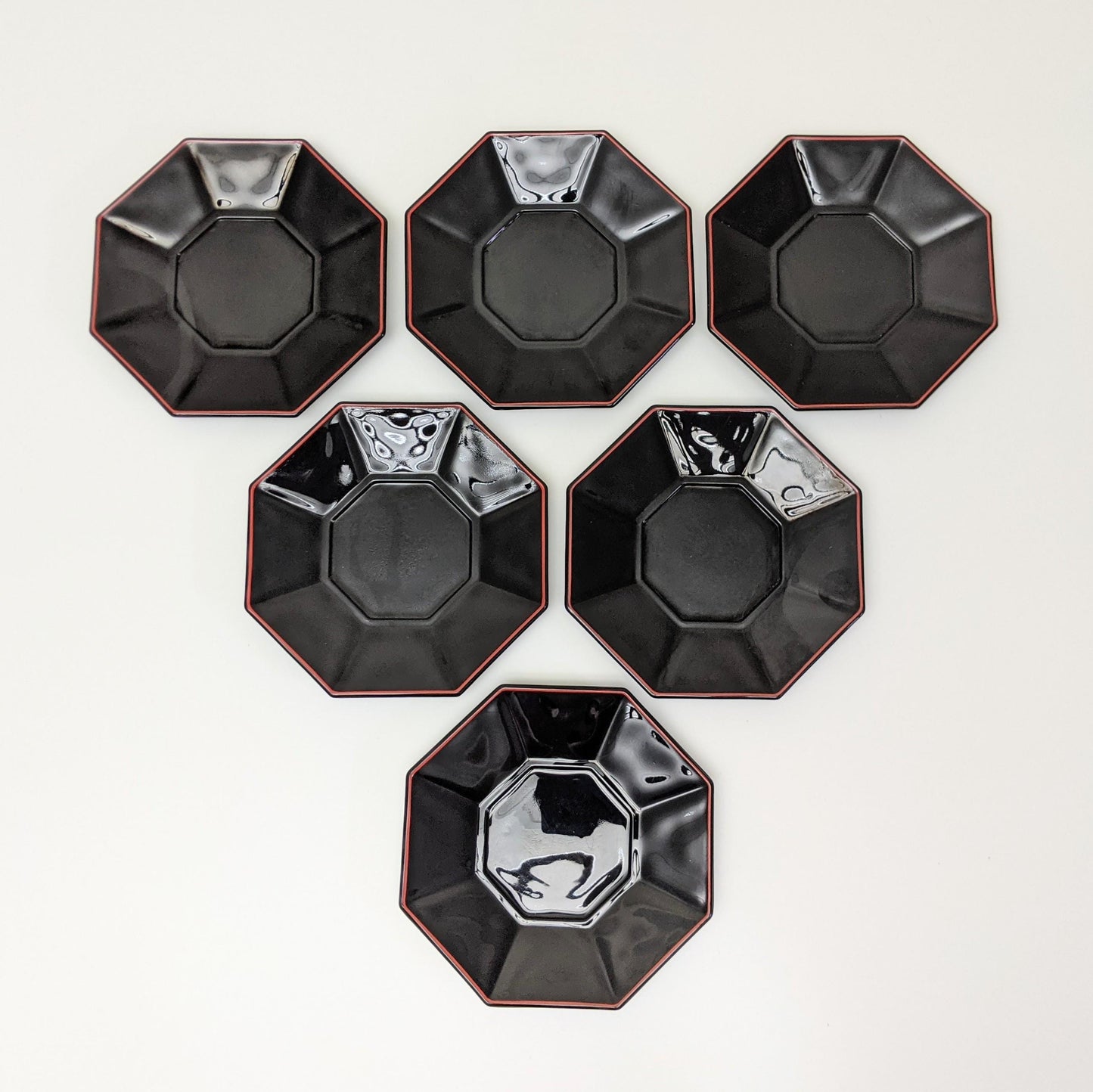 Set of six (6) Vintage Shanghai Octagonal Saucers by Arcoroc | Black Glass Red Trim | Made in France