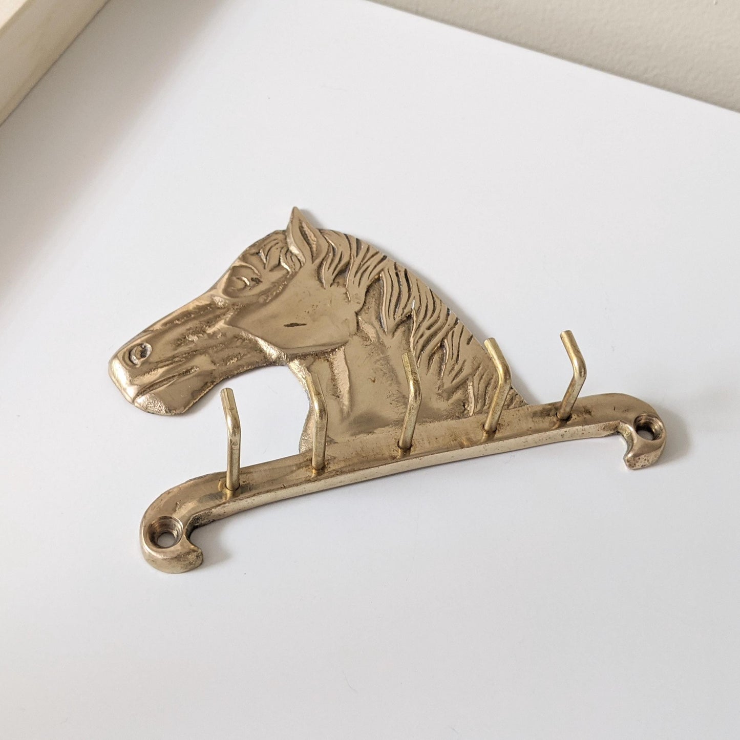 Vintage Brass Wall Horse Head Key Holder Rack with five (5) Hooks | Mid Century Modern | Boho Decor