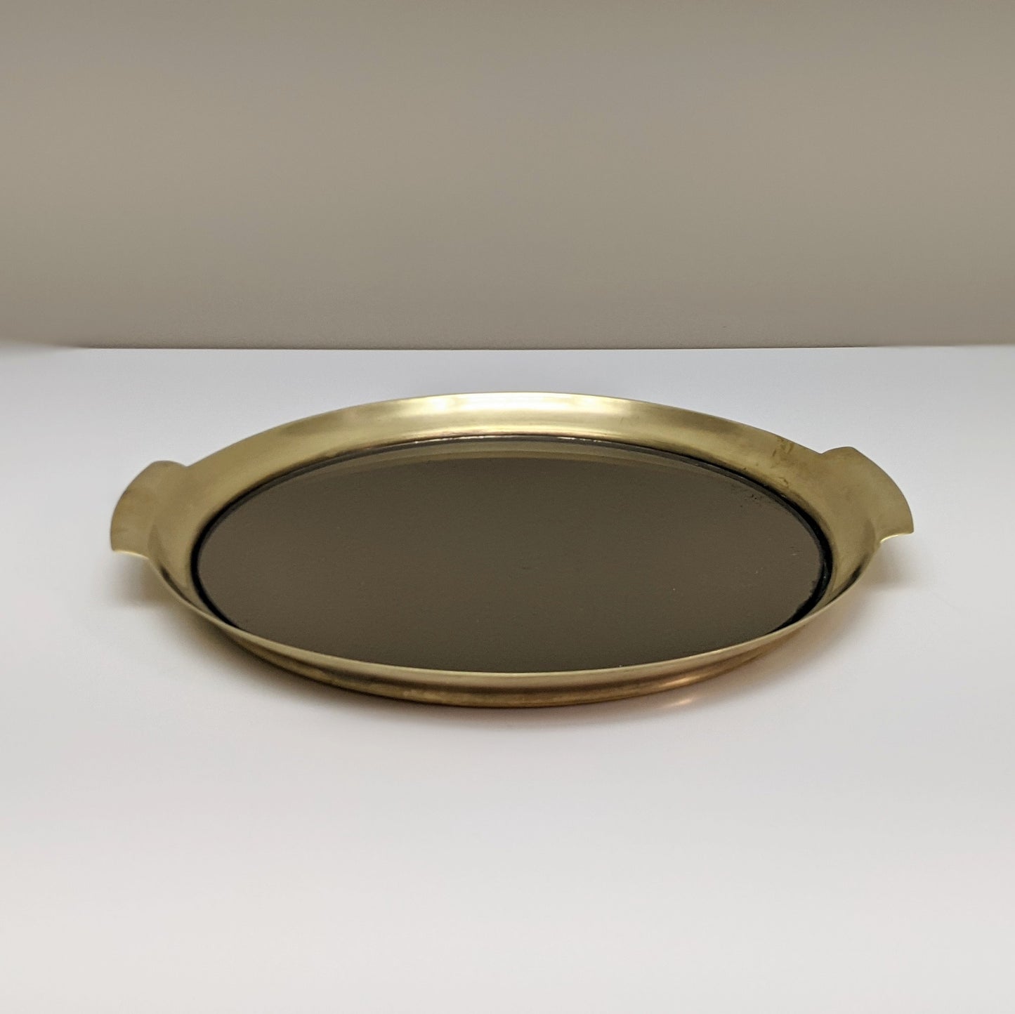 Vintage Brass and Smoked Mirror Round Tray with Handles | Art Deco Style