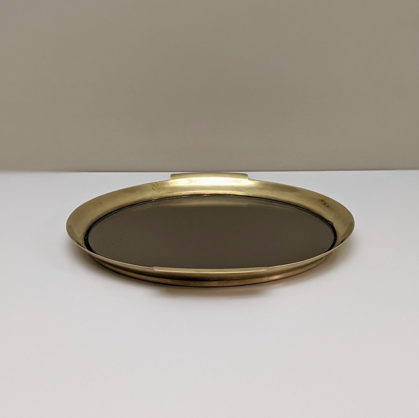 Vintage Brass and Smoked Mirror Round Tray with Handles | Art Deco Style