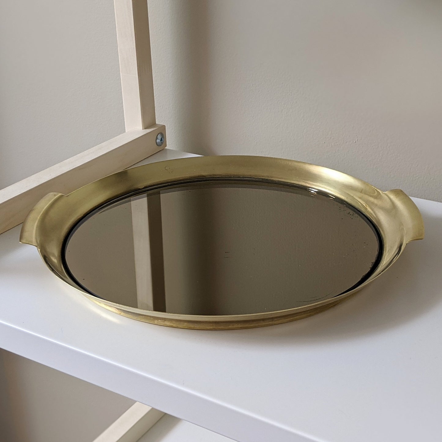 Vintage Brass and Smoked Mirror Round Tray with Handles | Art Deco Style