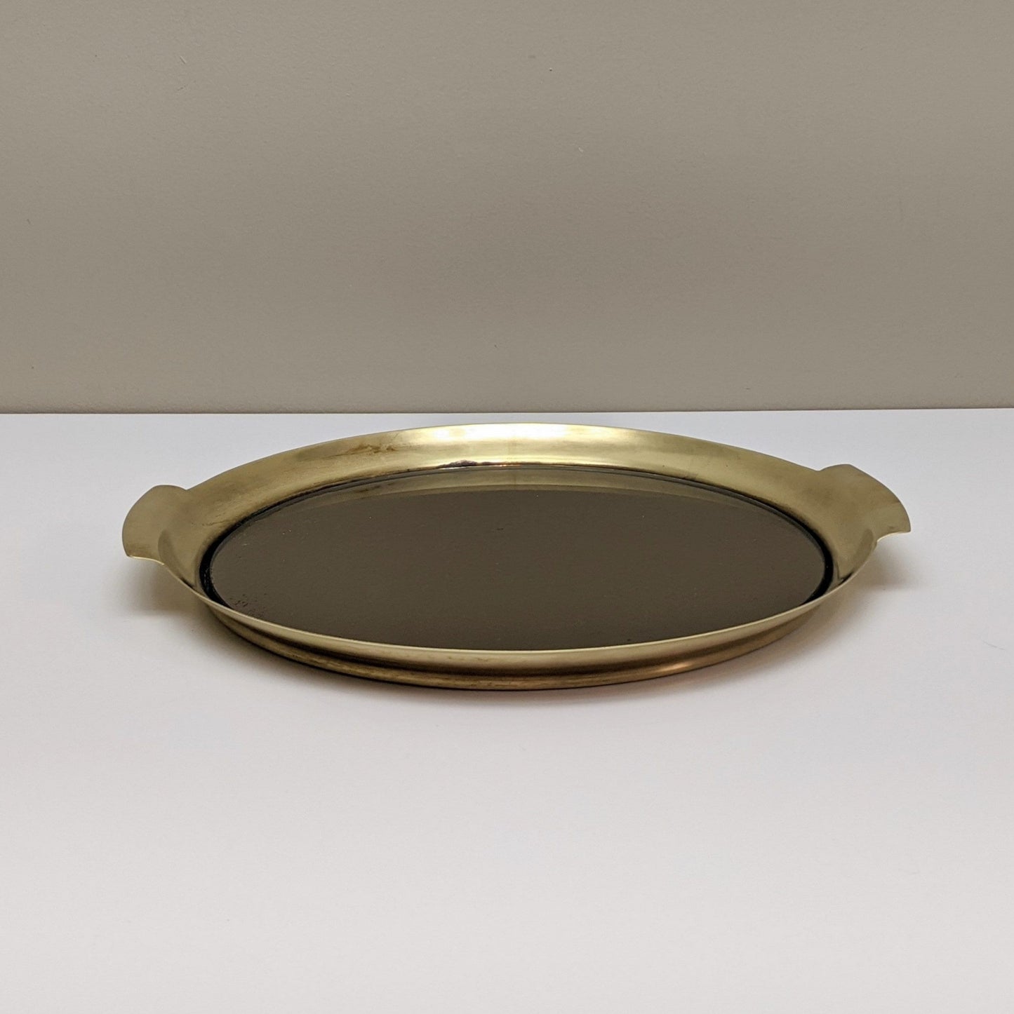 Vintage Brass and Smoked Mirror Round Tray with Handles | Art Deco Style