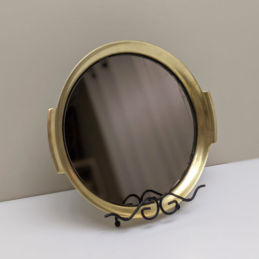 Vintage Brass and Smoked Mirror Round Tray with Handles | Art Deco Style